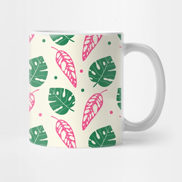 Bold Pink and Green Tropical Leaves Pattern Monstera plant by Trippycollage